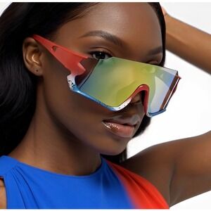 Red Women Sunglasses Oversized Mirrored Iridescent Lens Blue Splatter Lentes New